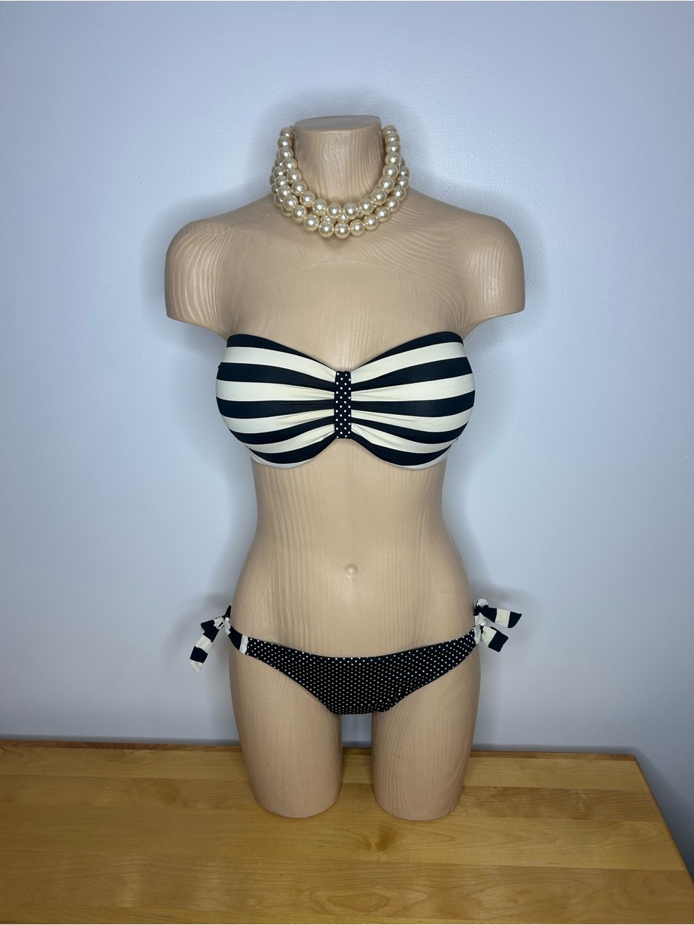 Black & White Striped Bandeau with Polka Dot Tie-Side Bikini❤️XL-S